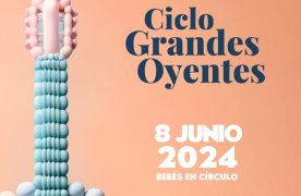 Cartel del Ciclo Grandes Oyentes que muestra una guitarra española hecha de burbujas de colores pastel.