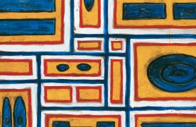 Francisco Matto, Estructura en azul, blanco y rojo, 1957. Óleo sobre cartón entelado, 89,2 × 103,5 cm. Colección Martín Cerruti, Montevide