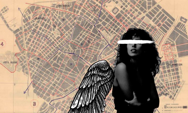 Muntatge fotogràfic d'una dona amb ales d'àngel. De fons, un mapa de la ciutat de Terrassa