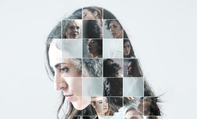 Cap de dona de perfil, fet de fotos d'altres caps de dona