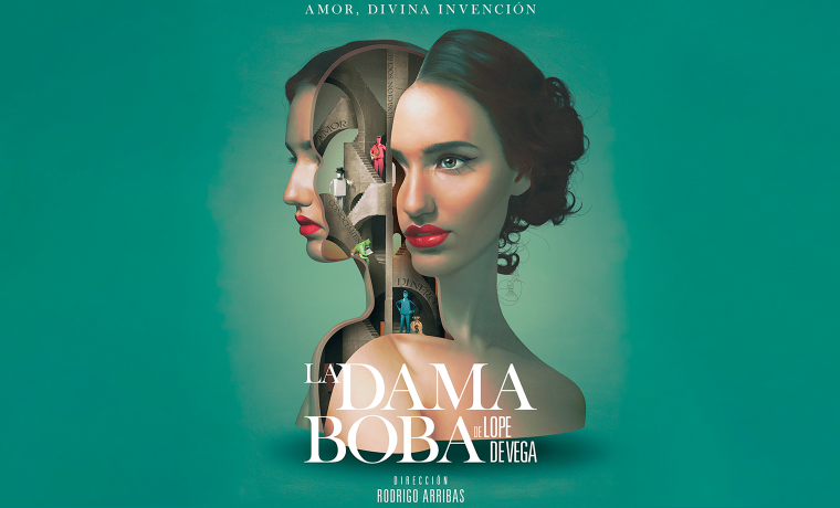 Cartel de la función La dama boba. La imagen representa el rostro de una mujer mostrando los pensamientos que salen de ella